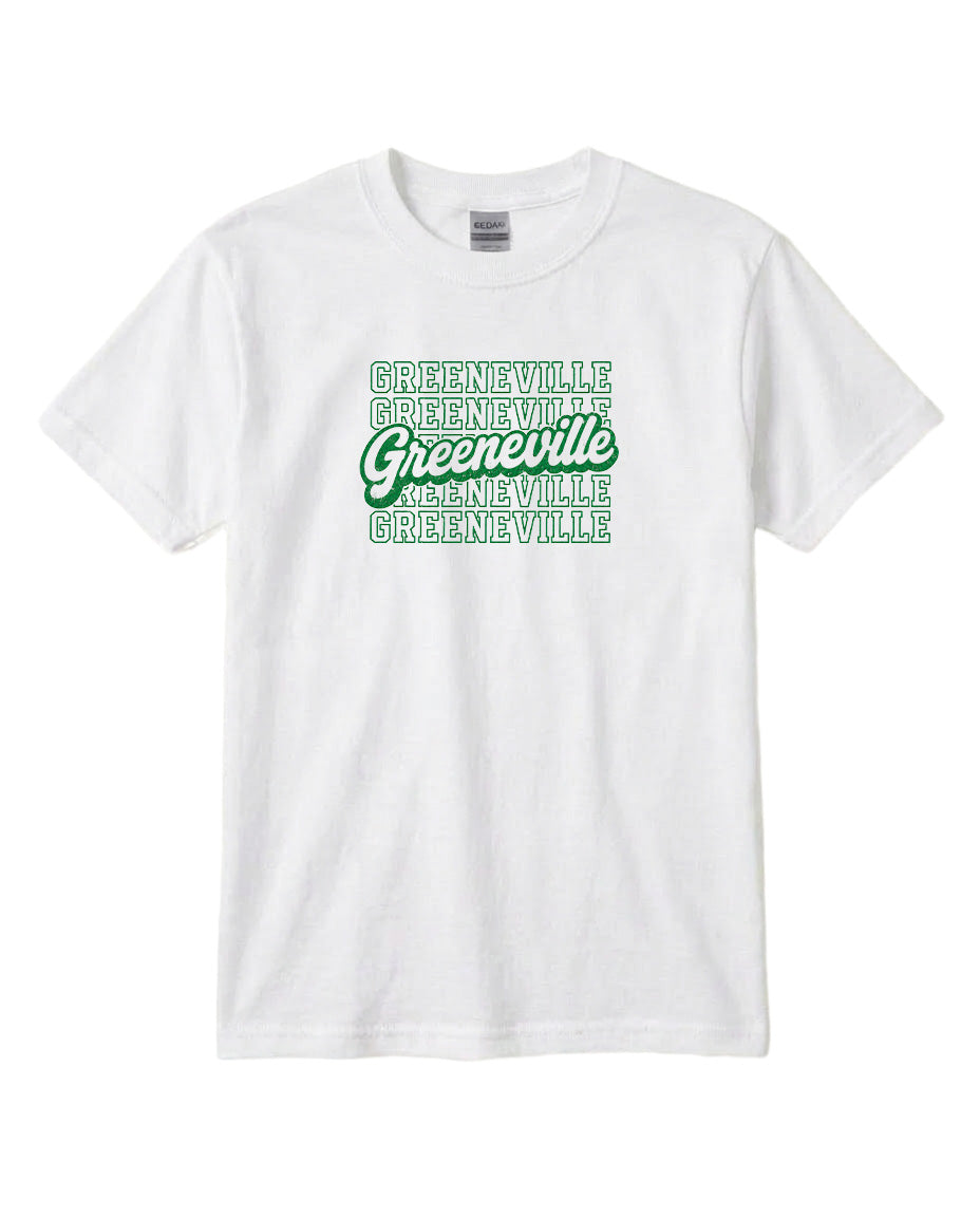 A white t-shirt with a graphic design featuring the text "Greenville" repeated in a stylized font.