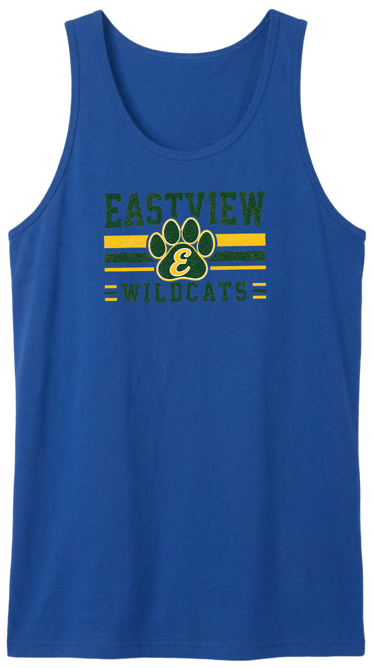A blue tank top with a graphic design featuring a paw print and the text "EASTVIEW WILDCATS".