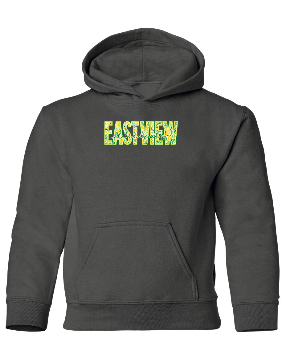 A gray hooded sweatshirt with the word "EASTVIEW" printed in green letters across the front.