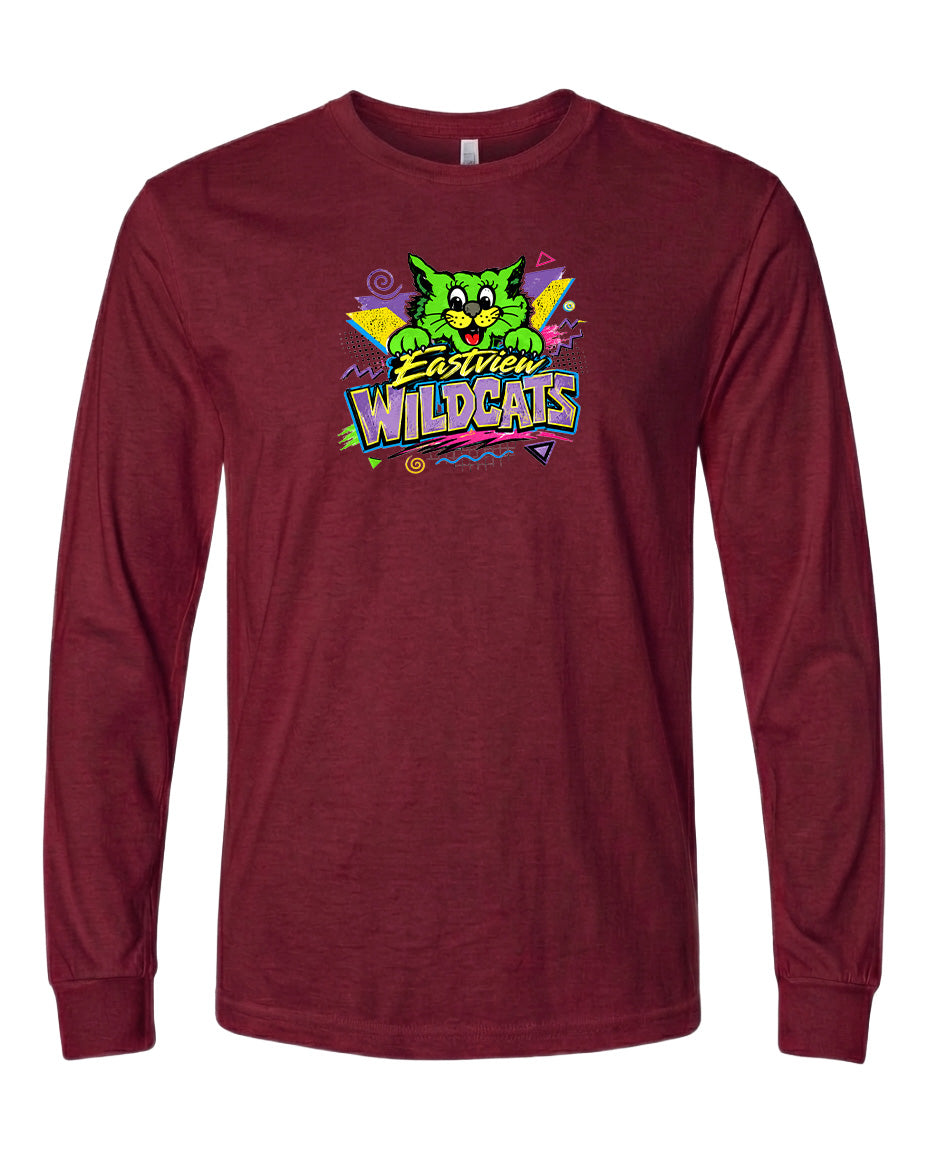 A burgundy long-sleeved t-shirt with a colorful graphic design featuring a cartoon cat and the text "Easter Wildcats".