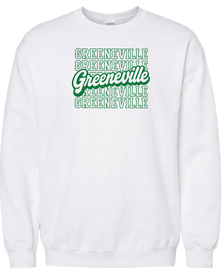 A white sweatshirt with the text "GREENVILLE" printed in green on the front.