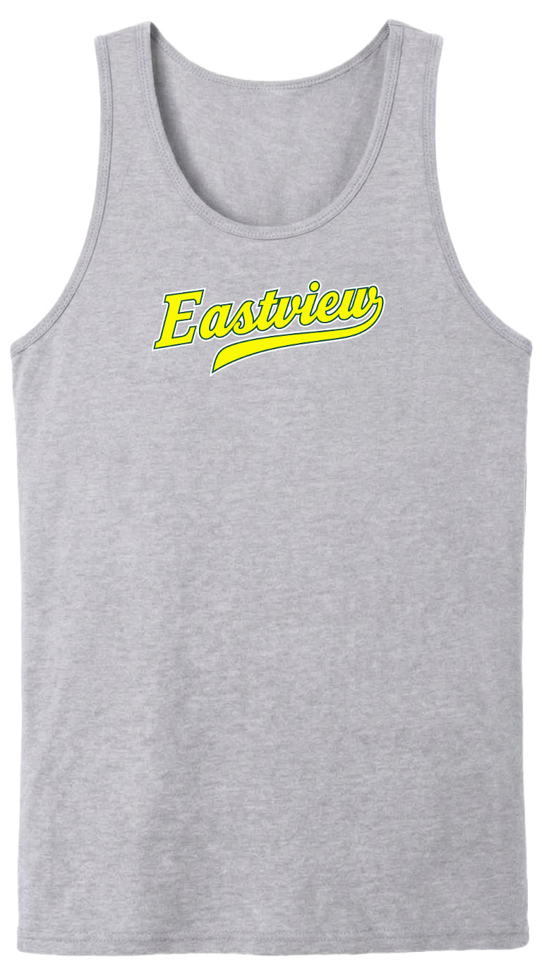 A gray tank top with the word "Eastview" printed in yellow on the front.