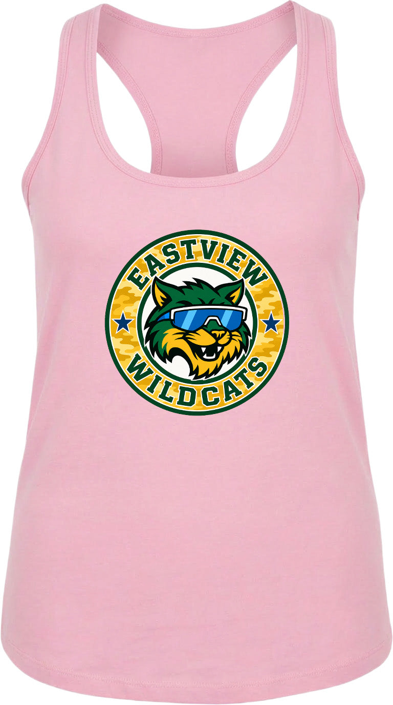 A pink tank top with a graphic of a cat wearing sunglasses and the text "EASTVIEW WILDCATS" printed on it.