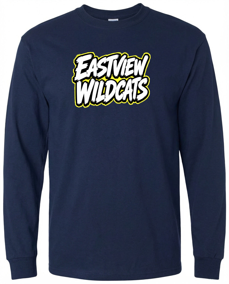 A navy blue long-sleeved shirt with the text "EASTVIEW WILDCATS" printed on it in a stylized font.