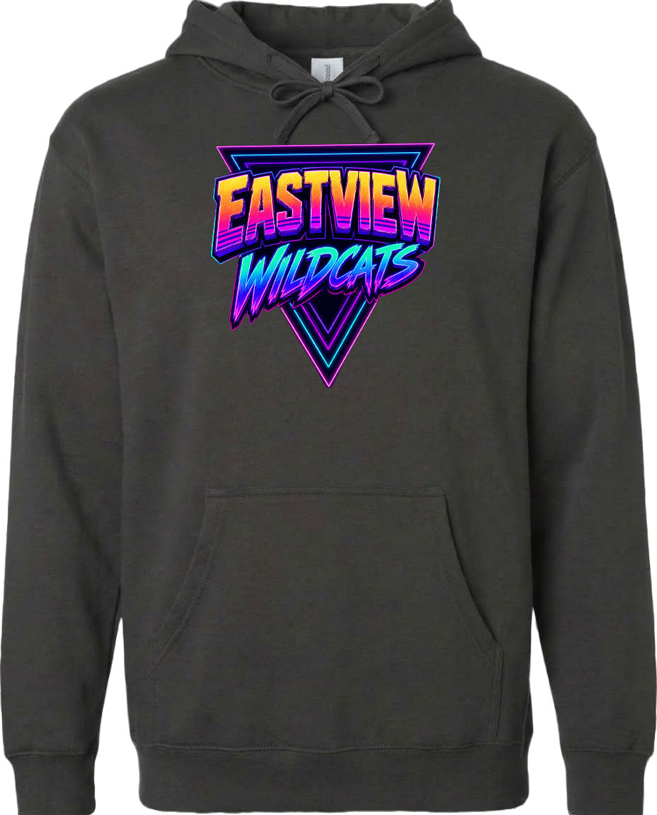 A black hoodie with a graphic design featuring the text "EASTVIEW WILDCATS" in a colorful, retro-style font.