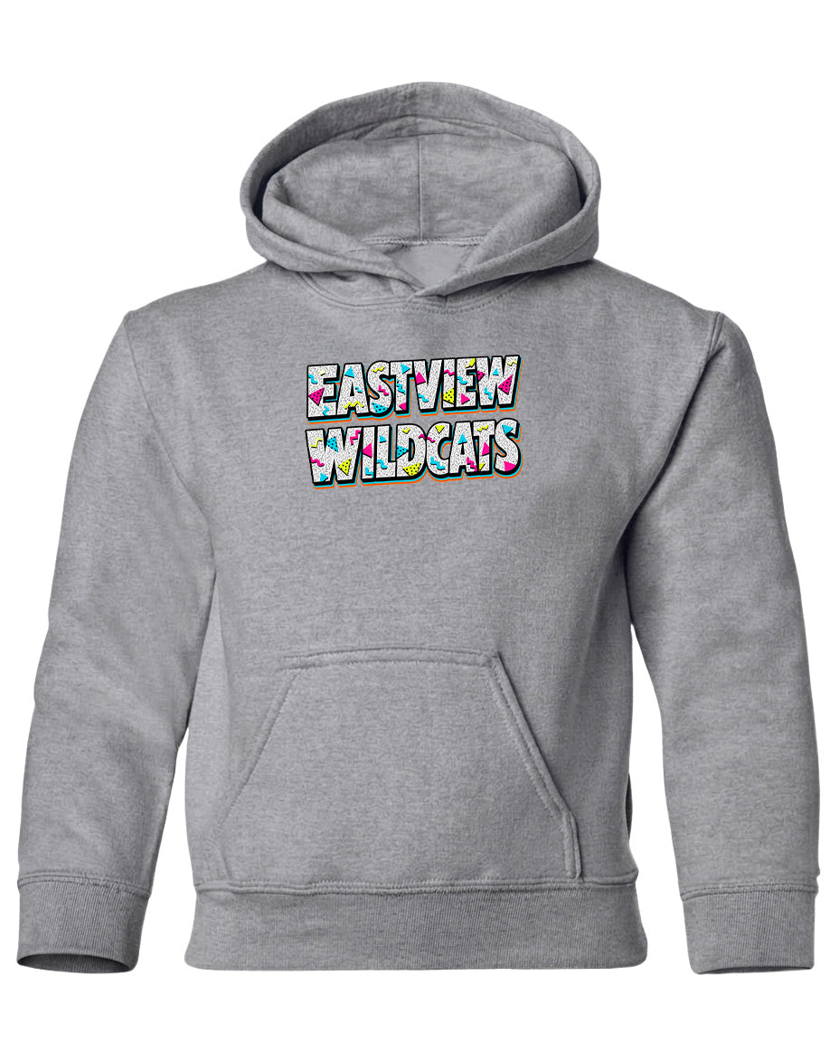 A gray hooded sweatshirt with the text "EASTVIEW WILDCATS" printed on it.
