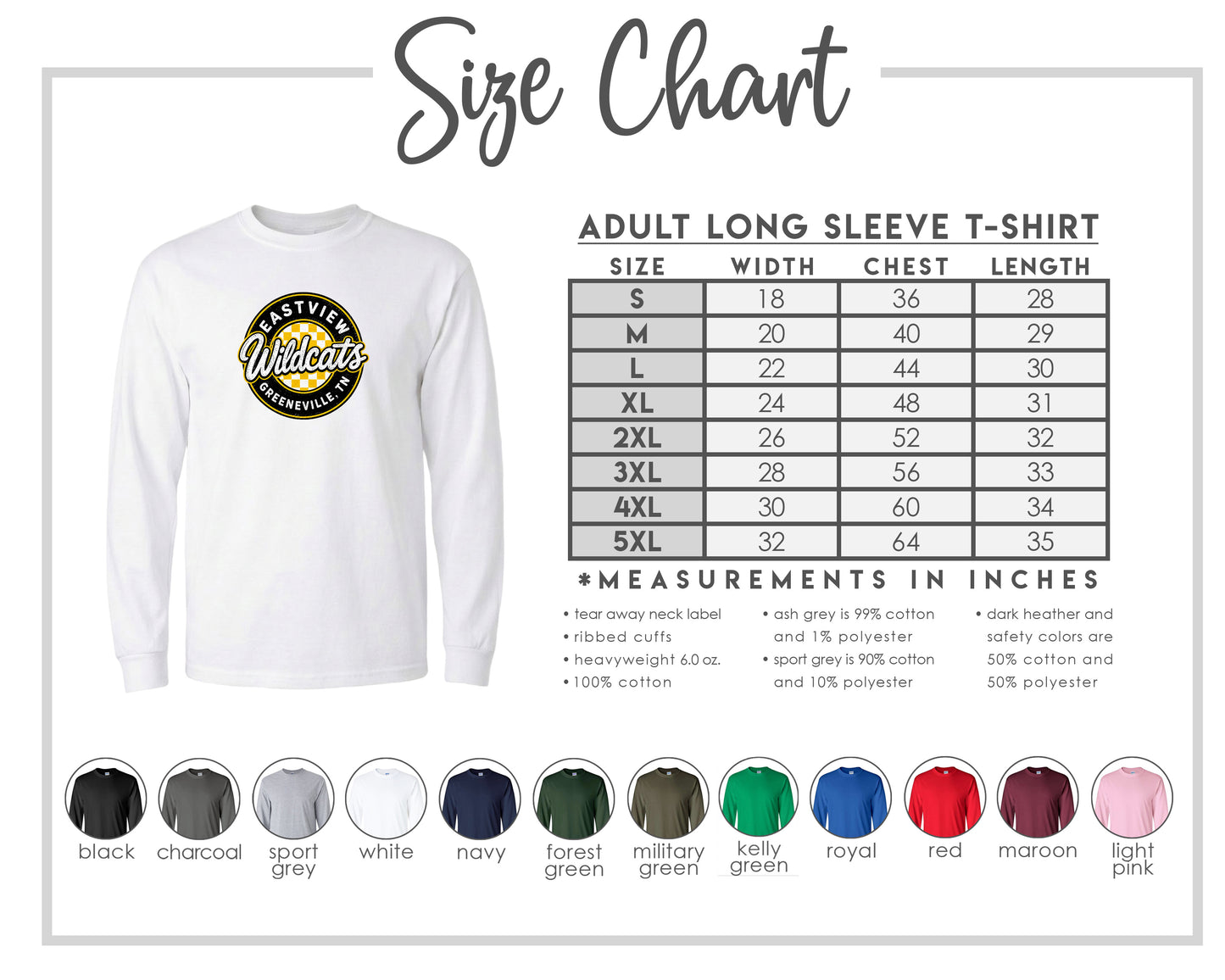 The image is a size chart for an adult long sleeve t-shirt, providing measurements and corresponding shirt colors.