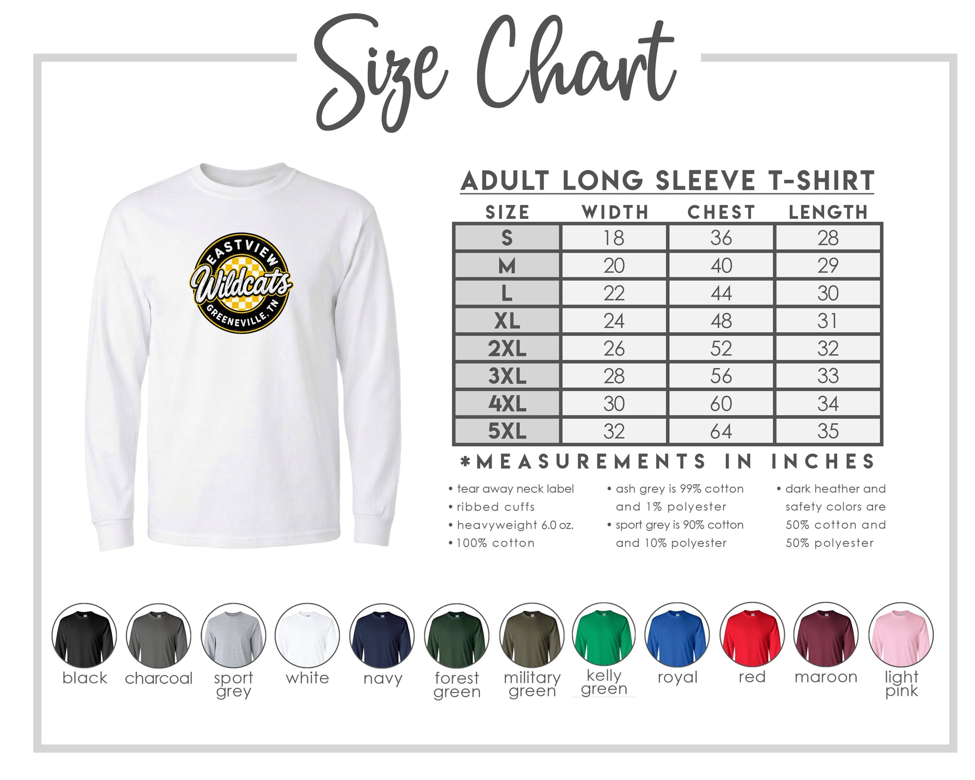 The image is a size chart for an adult long sleeve t-shirt, providing measurements and corresponding shirt colors.