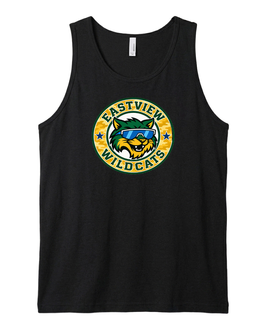 A black tank top with a graphic design featuring a cartoon-like wildcat wearing sunglasses and the text "EASTVIEW WILDCATS" around it.