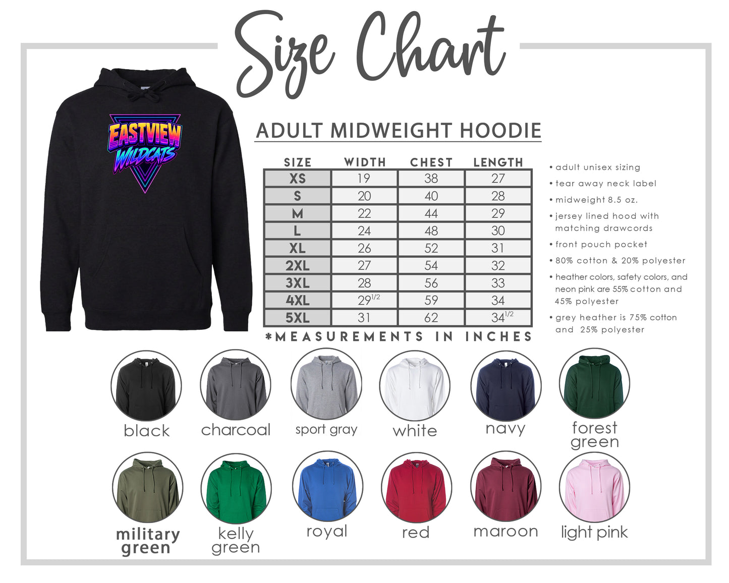 The image is a size chart for an adult midweight hoodie, including various color options and corresponding measurements in inches.