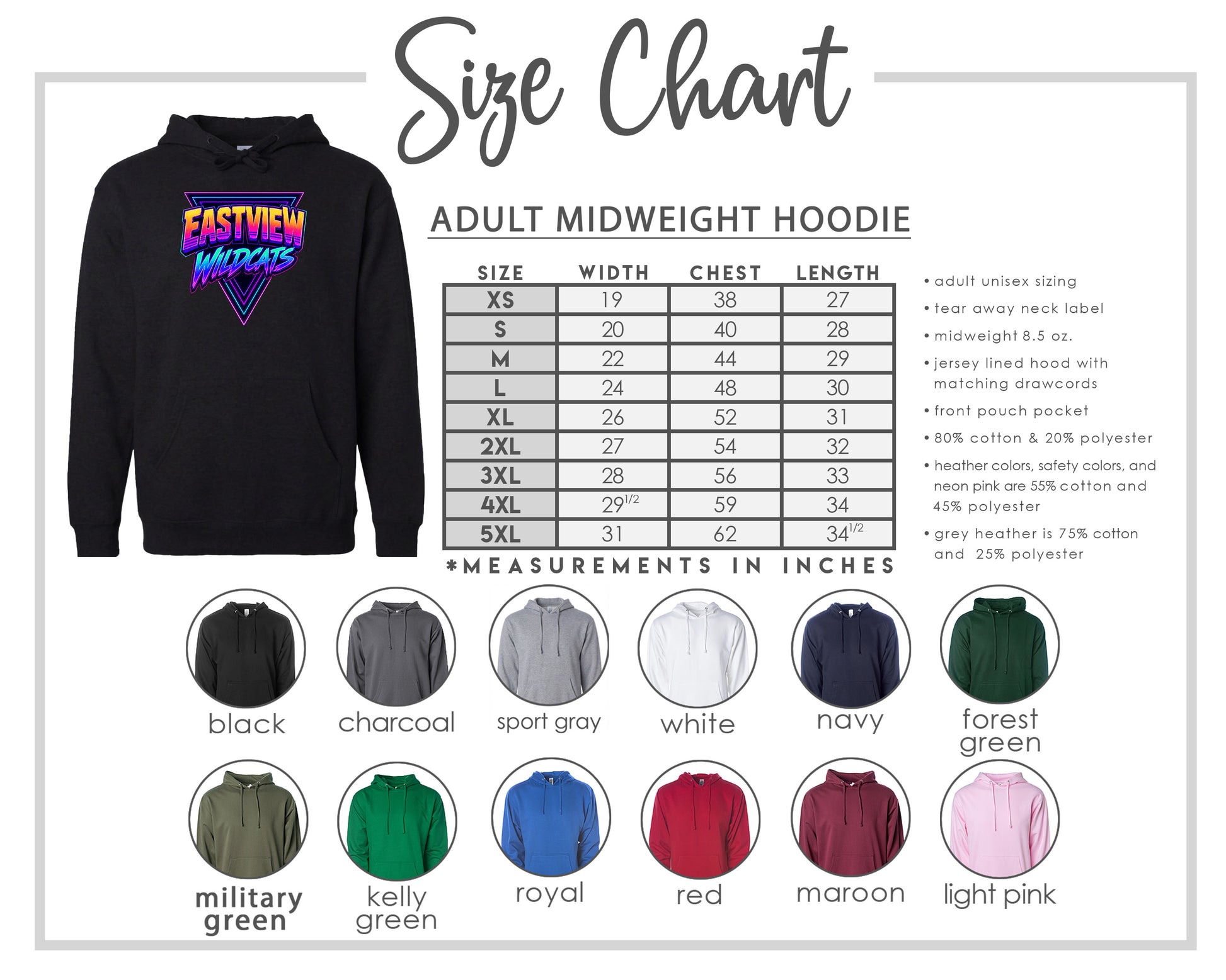 The image is a size chart for an adult midweight hoodie, including various color options and corresponding measurements in inches.