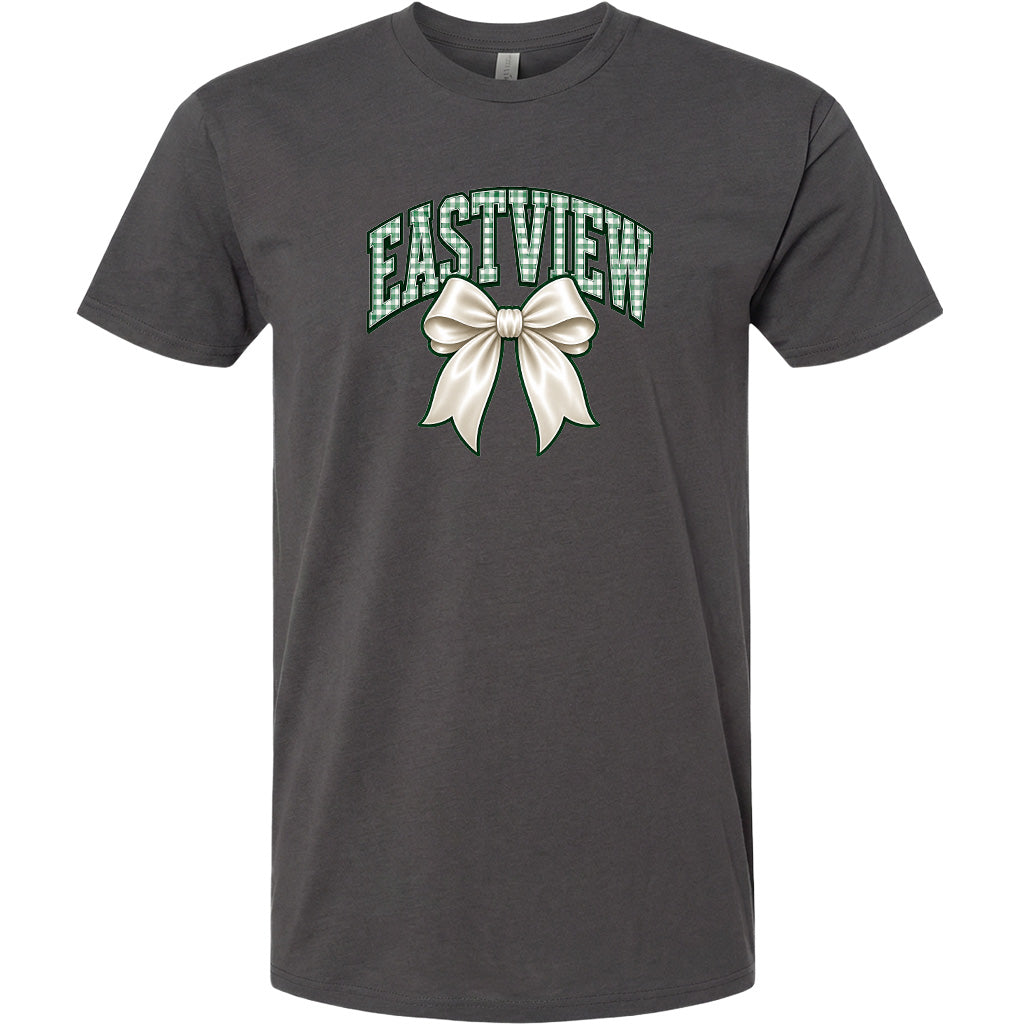A gray t-shirt with a graphic design featuring a white bow and the text "EASTVIEW" printed on it.
