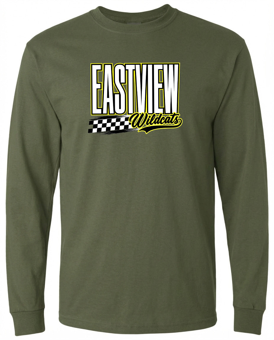 A long-sleeved olive green t-shirt with a graphic design featuring the text "EASTVIEW Wildcats" in a bold, yellow font.