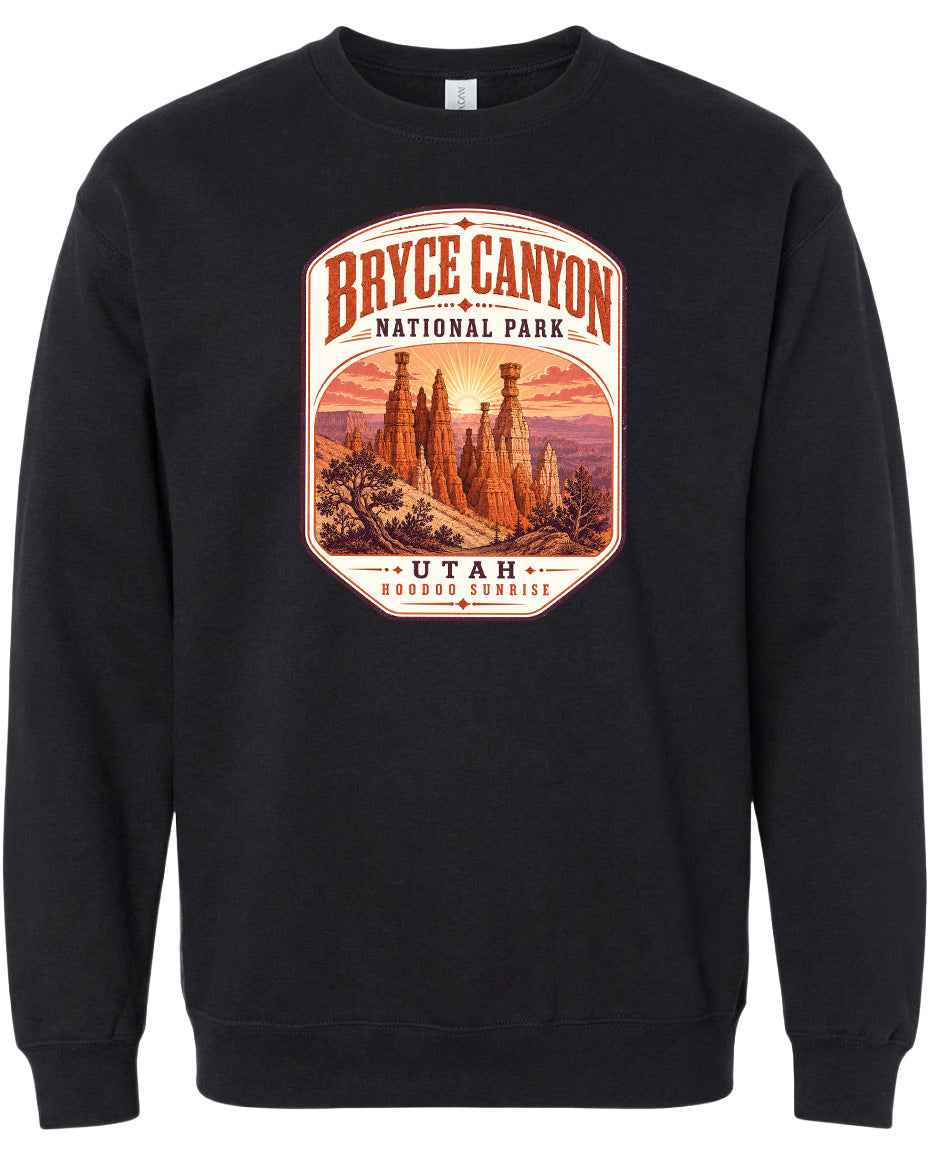 A black sweatshirt with a graphic design depicting the Bryce Canyon National Park in Utah.