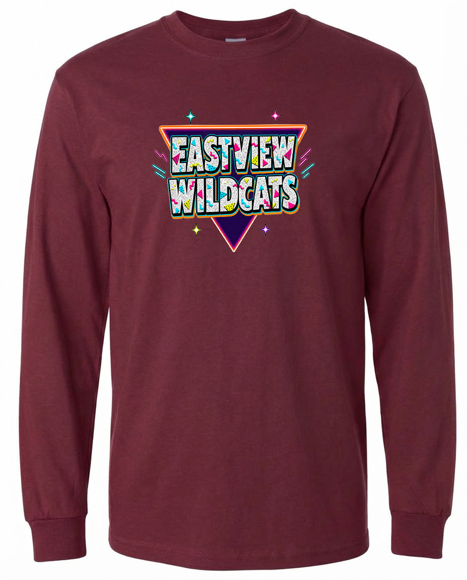 A burgundy long-sleeved t-shirt with a colorful graphic design featuring the text "EASTVIEW WILDCATS" in a retro style.