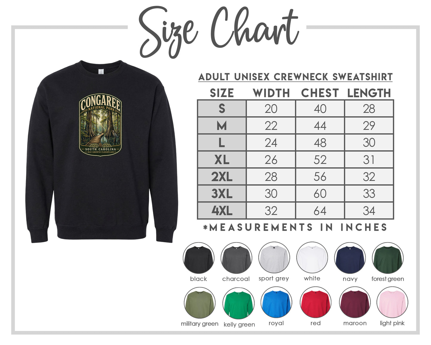 The image is a size chart for an adult unisex crewneck sweatshirt. It includes a black crewneck sweatshirt with a graphic design and a table with size measurements for different chest and waist sizes.