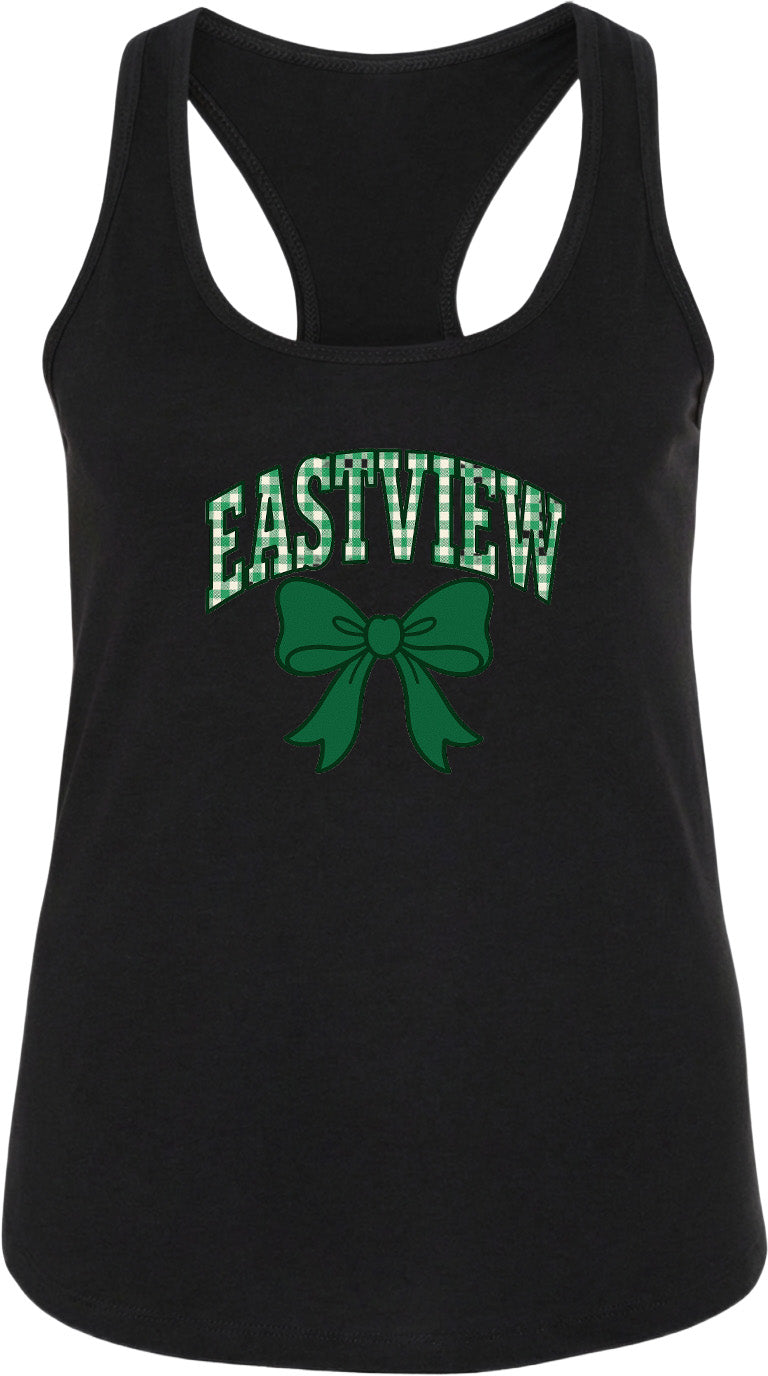 A black tank top with the text "EASTVIEW" and a green bow printed on it.