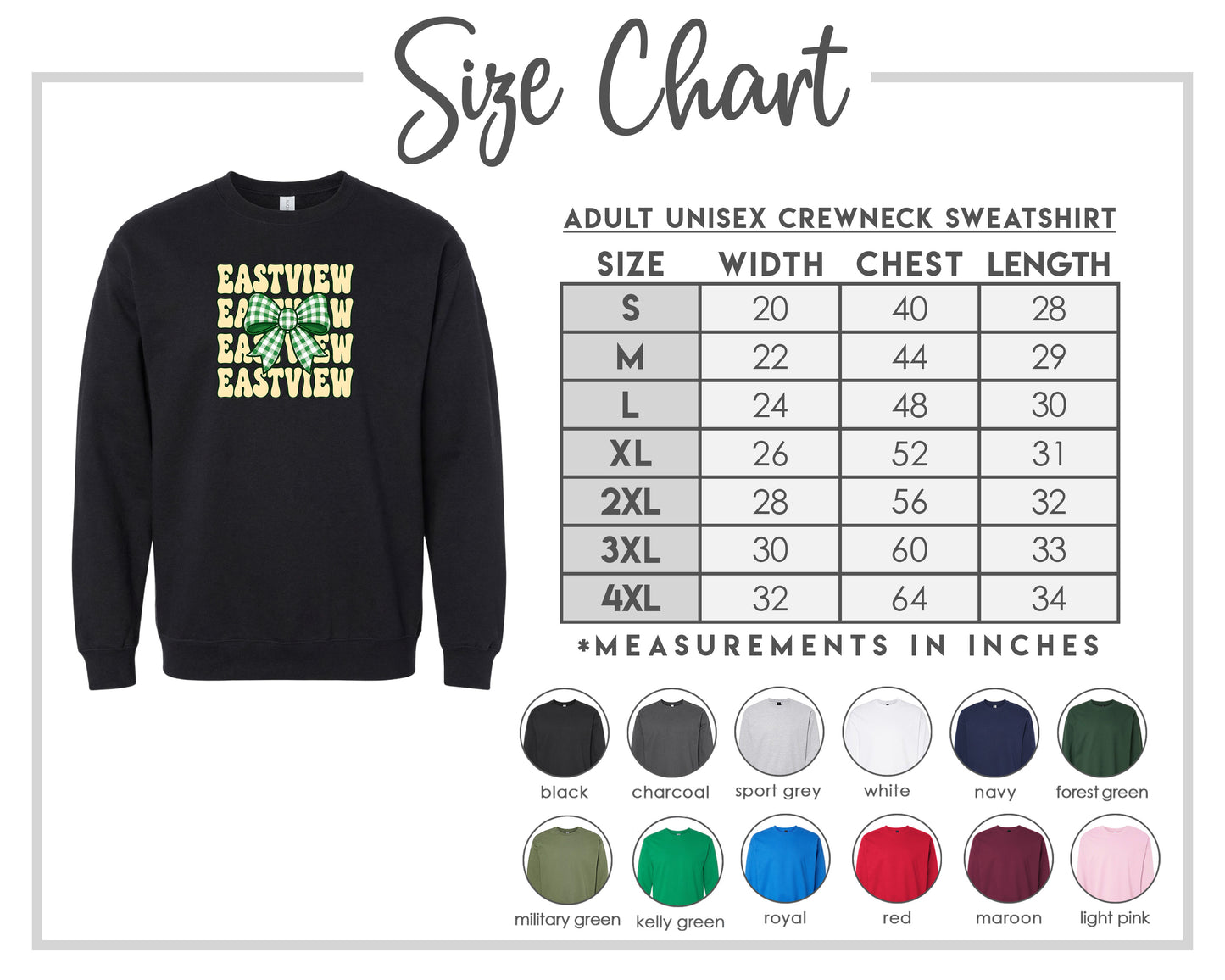 The image is a size chart for an adult unisex crew neck sweatshirt. It includes a black sweatshirt with a yellow and green design and a table with size and chest length measurements.