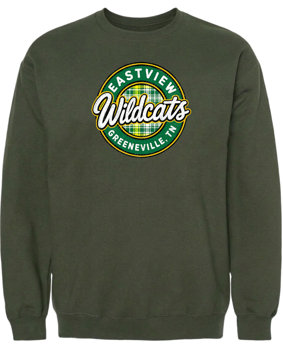 A dark green sweatshirt with a circular logo on the front.