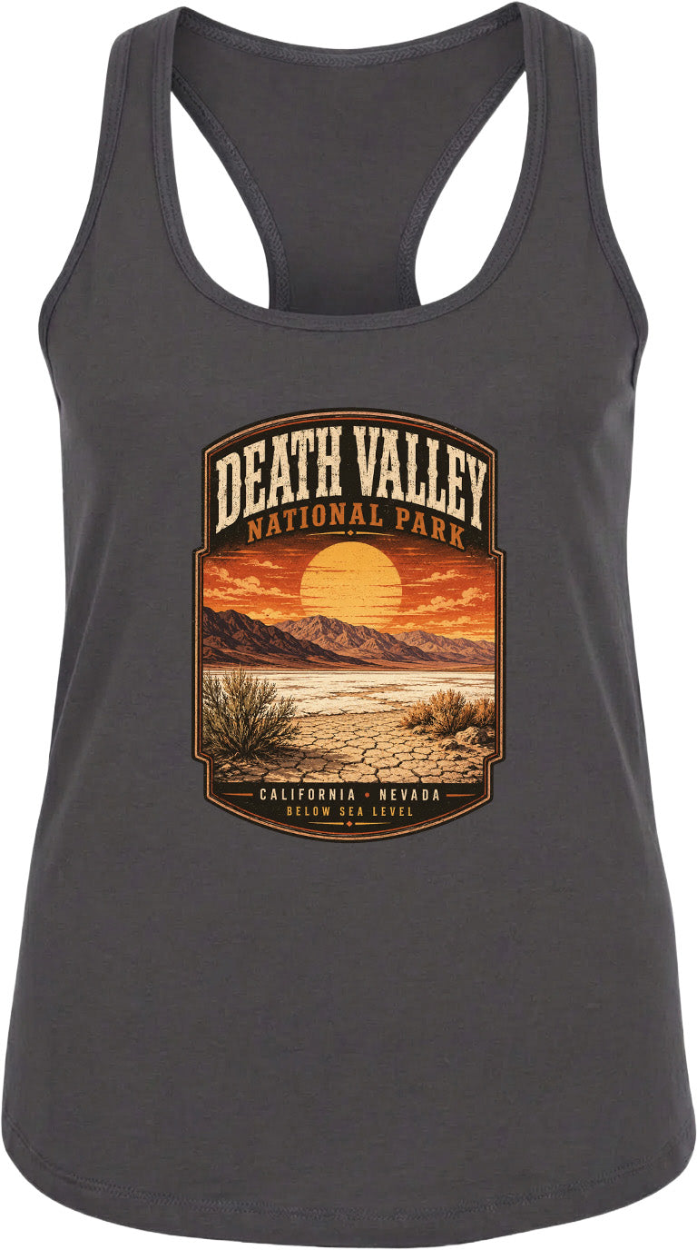 A gray tank top with a graphic design depicting Death Valley National Park in California, Nevada.