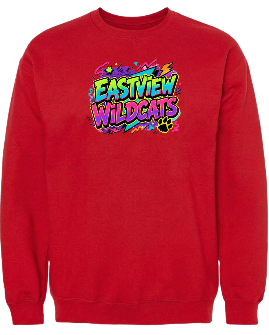 A red sweatshirt with a colorful graphic design featuring the text "EASTVIEW WILDCATS" in a stylized font.