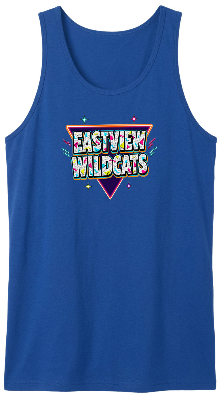 A blue tank top with a colorful graphic design featuring the text "EASTVIEW WILDCATS" in a retro style.