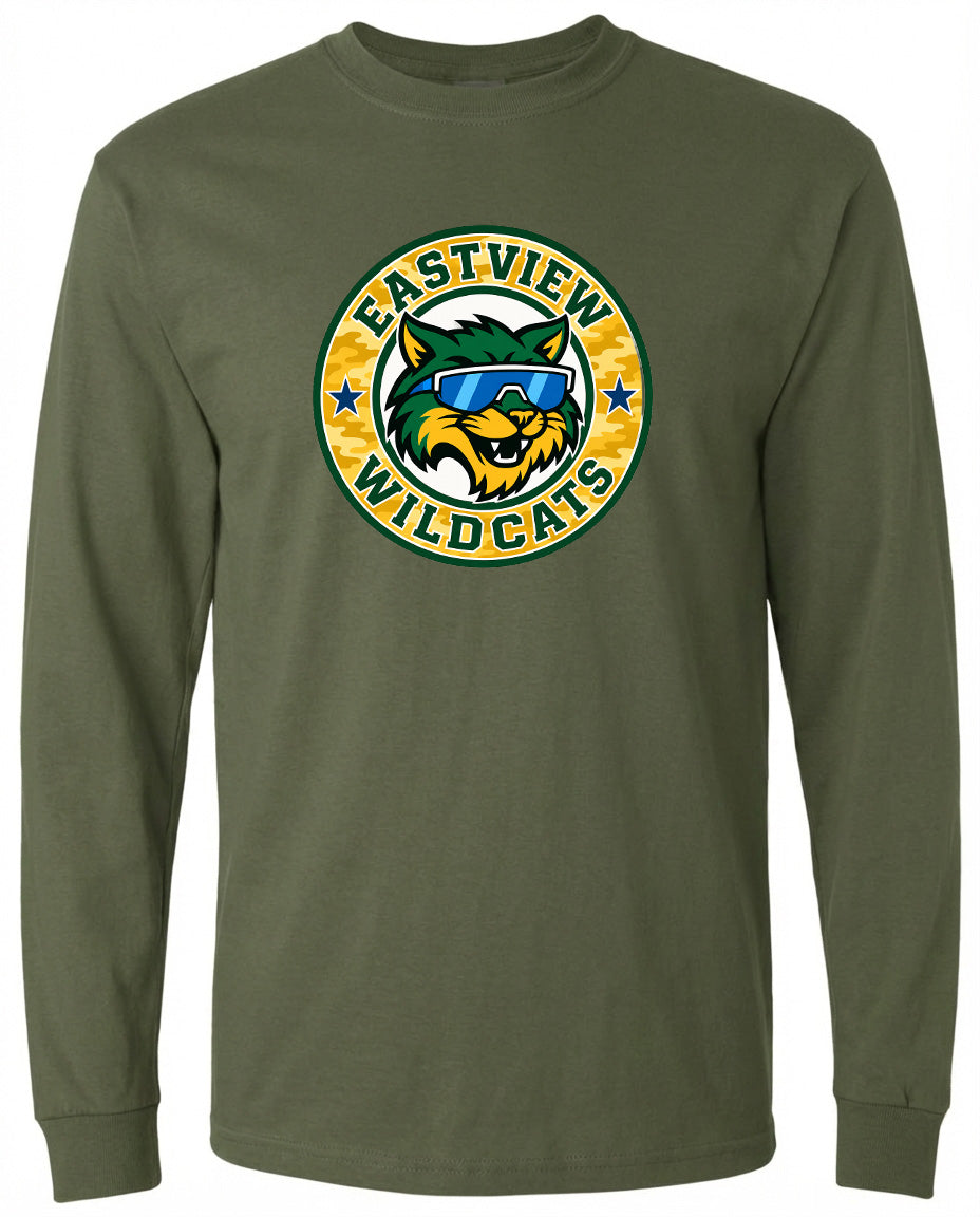 A long-sleeved green t-shirt with a graphic design featuring a cartoon cat wearing sunglasses and the text "EASTVIEW WILDCATS" around it.