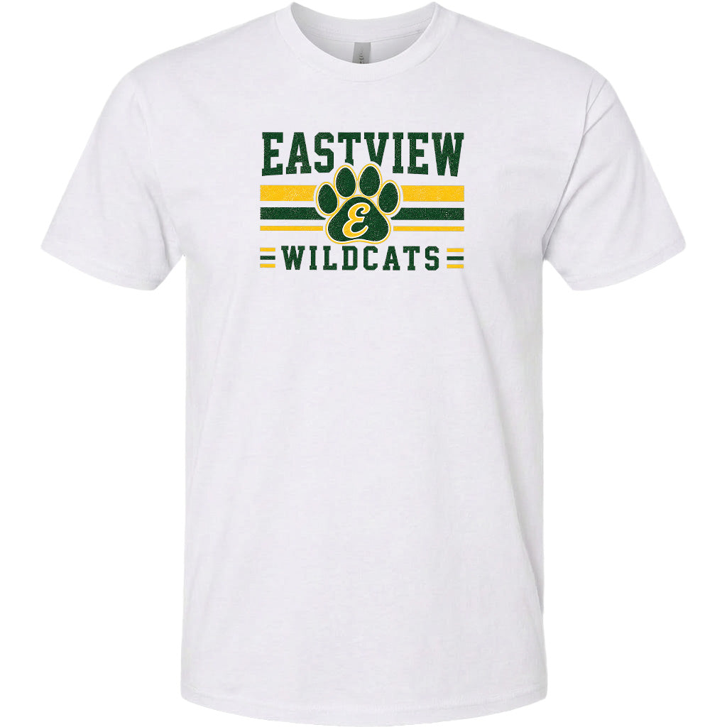 A white t-shirt with a graphic design featuring the text "EASTVIEW WILDCATS" and a paw print symbol.