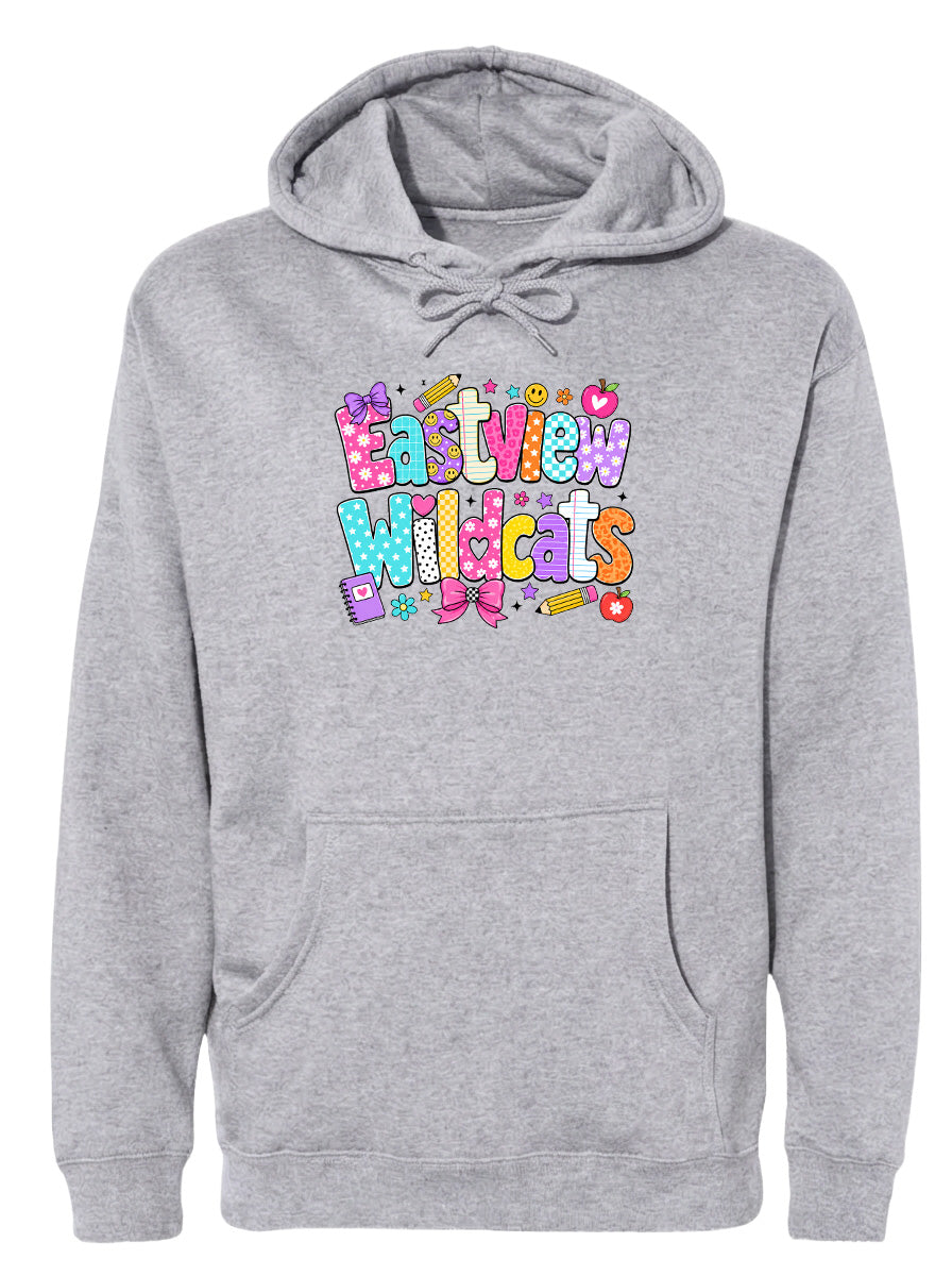 A gray hoodie with a colorful graphic design featuring the text "Eastview Wildcats" and various decorative elements.