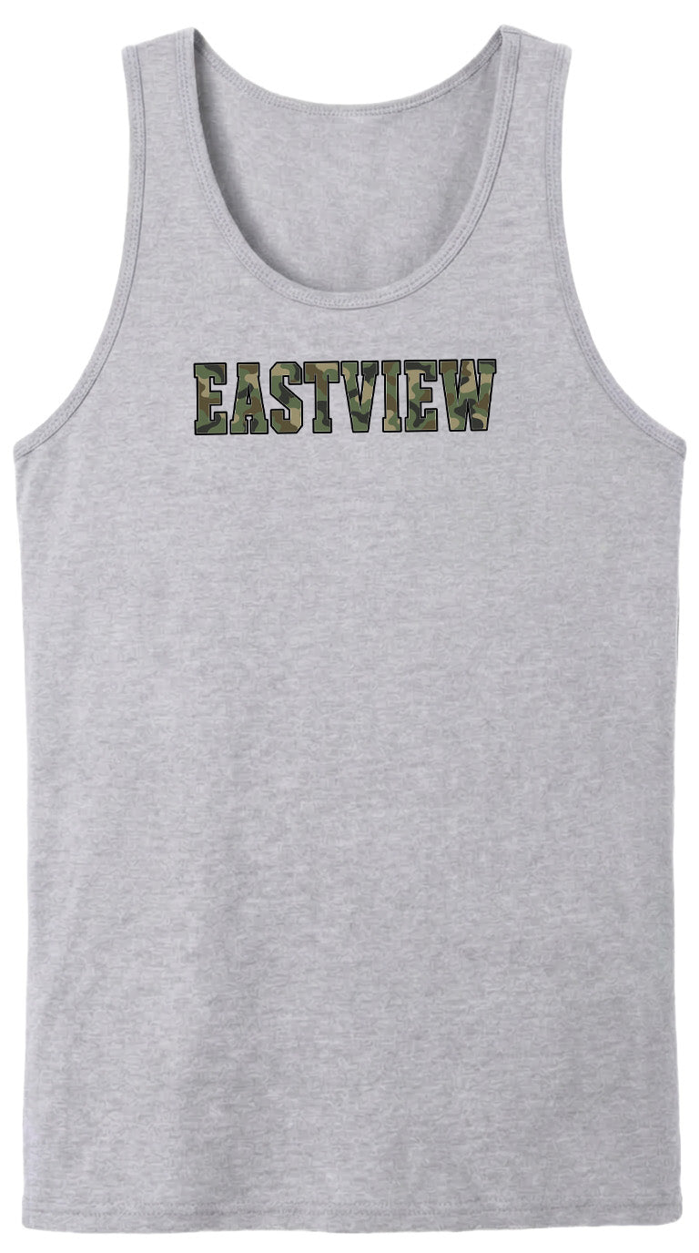 A gray tank top with the word "EASTVIEW" printed on it in a camouflage pattern.