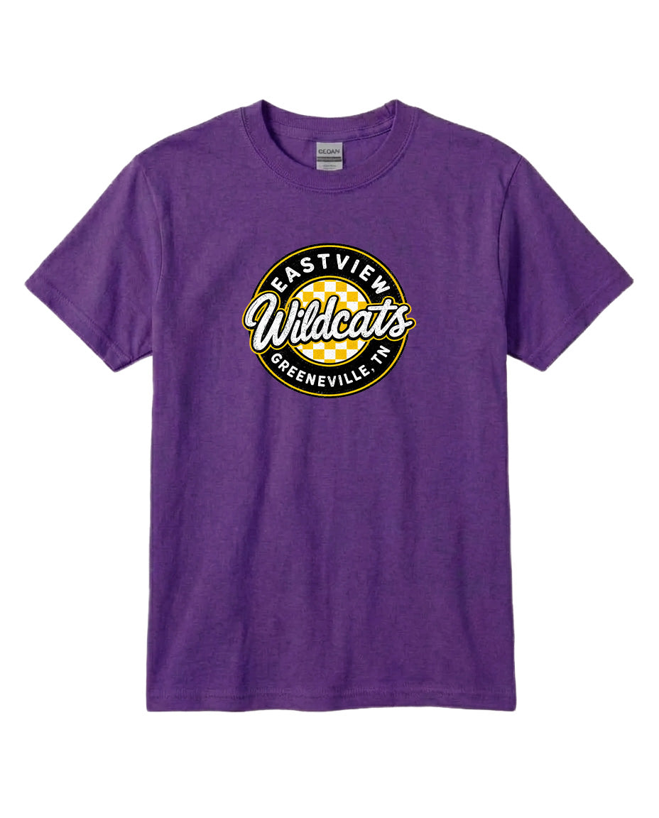 A purple t-shirt with a graphic design featuring the text "EASTVIEW WILDCATS GREENEVILLE, TENN."