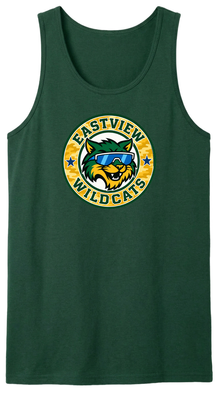 A green tank top with a circular logo featuring a cartoon cat wearing sunglasses and the text "EASTVIEW WILDCATS".