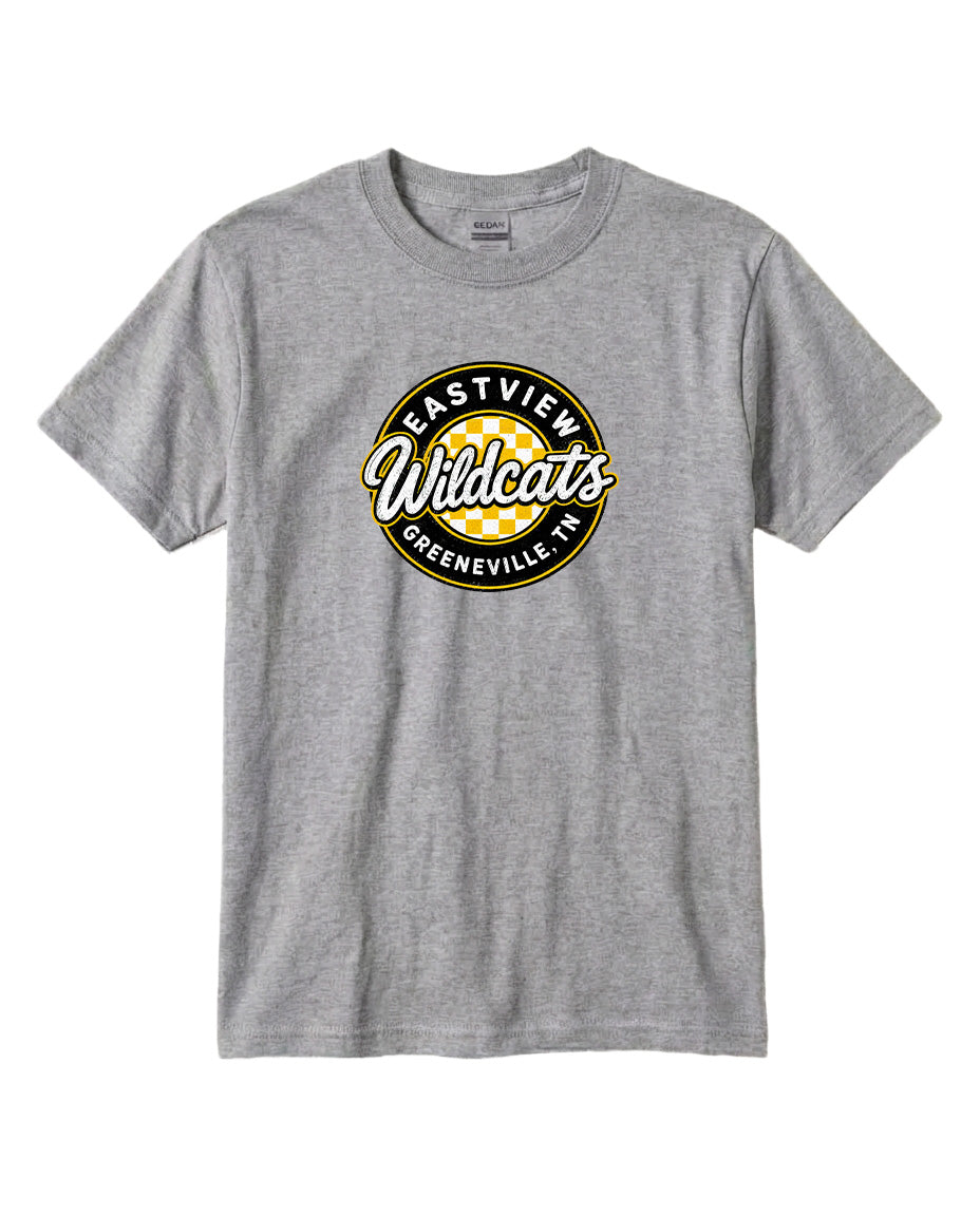 A gray t-shirt with a circular logo that says "Eastview Wildcats" and "Greeneville, TN".