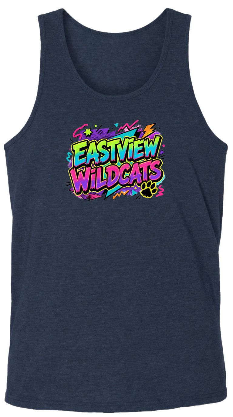 A dark blue tank top with a colorful graphic design featuring the text "EASTVIEW WILDCATS" in a vibrant, neon-like style.