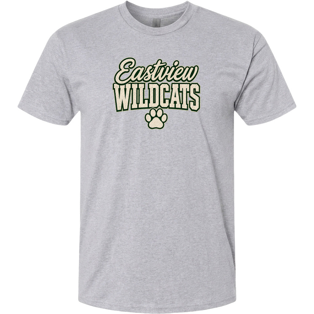 A gray t-shirt with the text "Eastview Wildcats" printed on it.