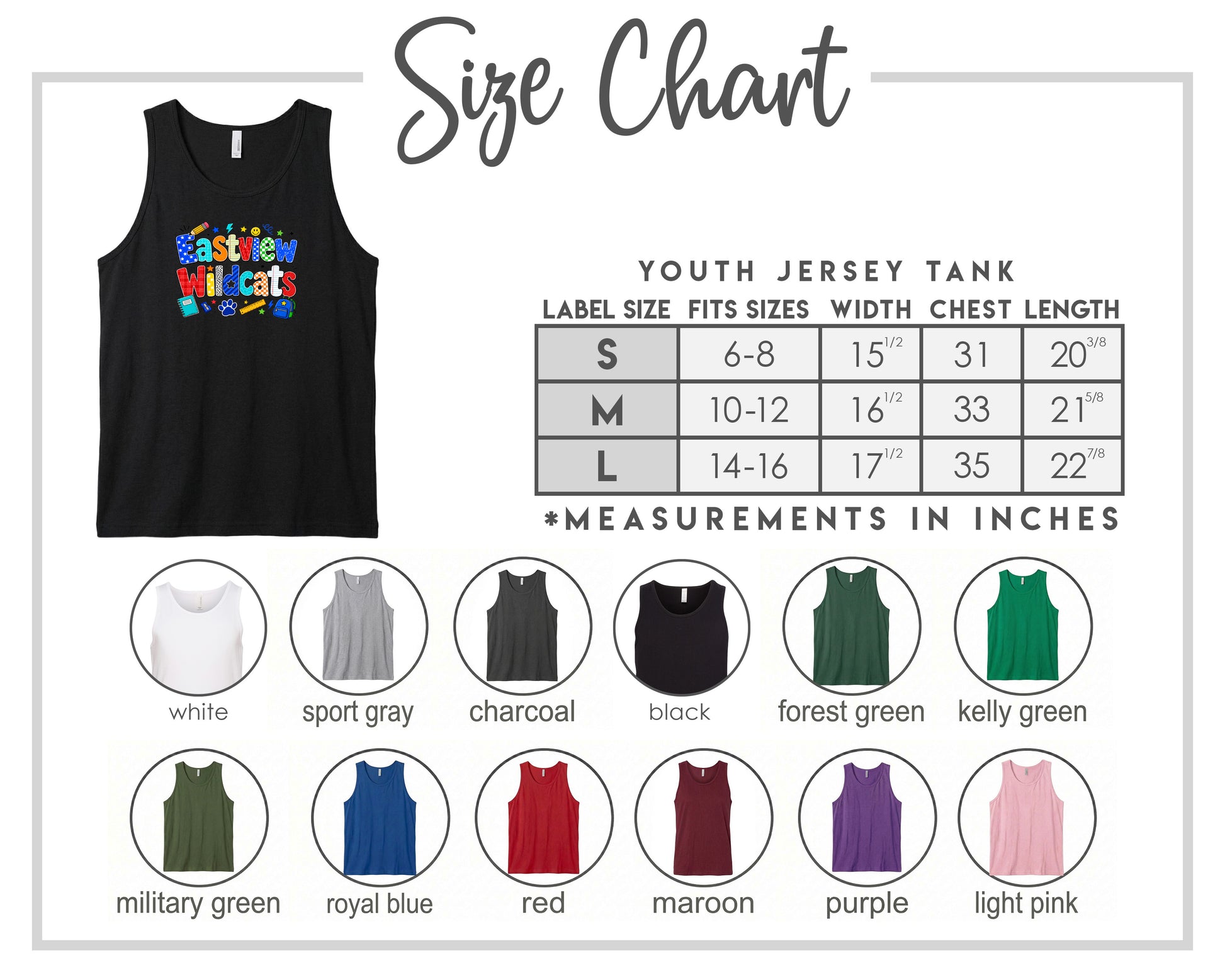 The image is a size chart for a youth jersey tank, displaying various color options and corresponding measurements in inches.