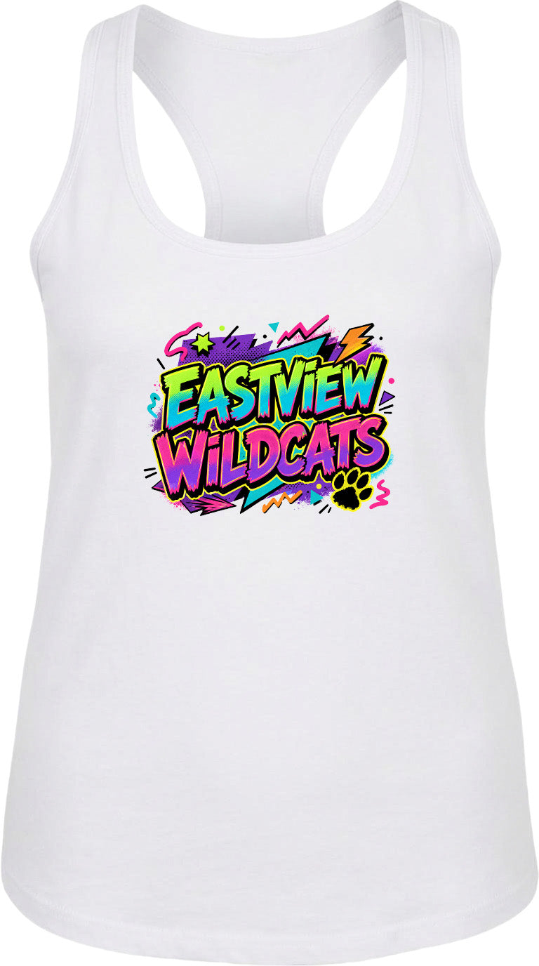 A white tank top with a colorful graphic design featuring the text "EASTVIEW WILDCATS" and a paw print.