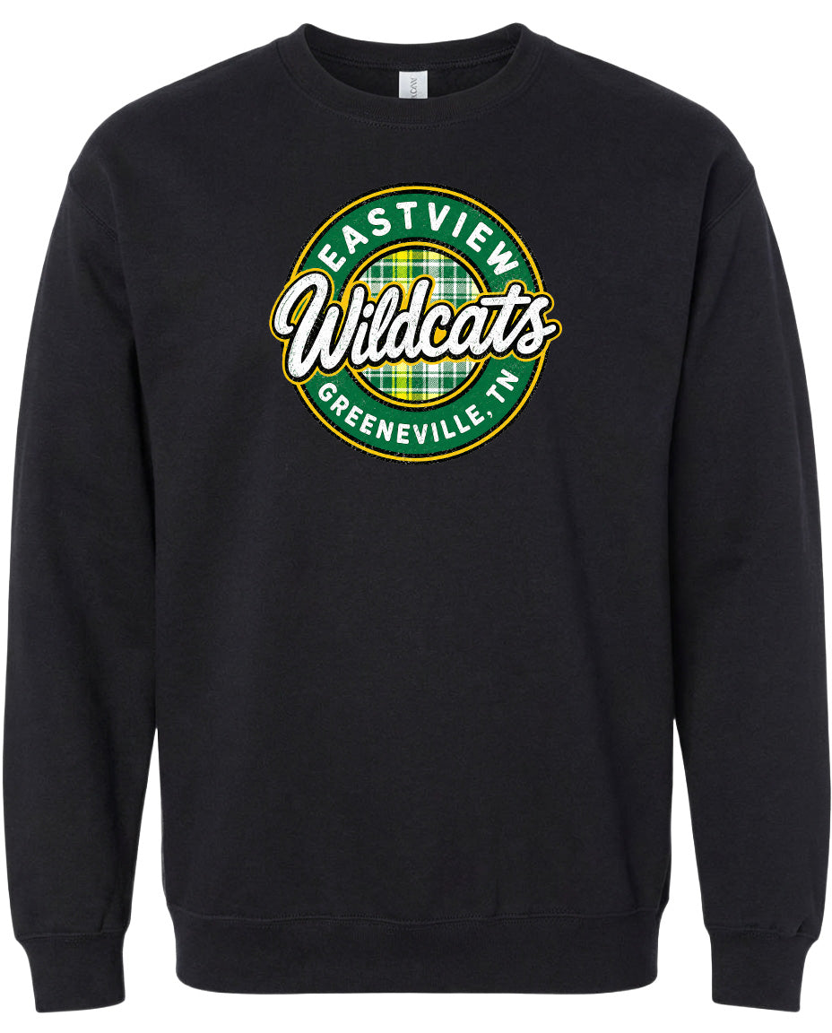 A black sweatshirt with a circular logo on the front. The logo features the text "EASTVIEW WILDCATS GREENEVILLE TENN" in a stylized font.