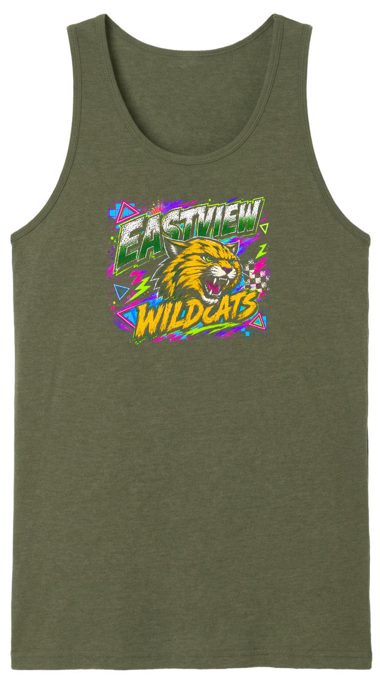 A green tank top with a graphic design featuring a cartoon cat and the text "EASTVIEW WILDCATS".