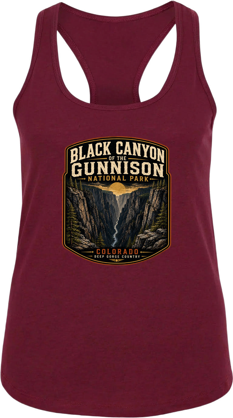 A maroon tank top with a graphic design depicting the Black Canyon of the Gunnison National Park in Colorado.
