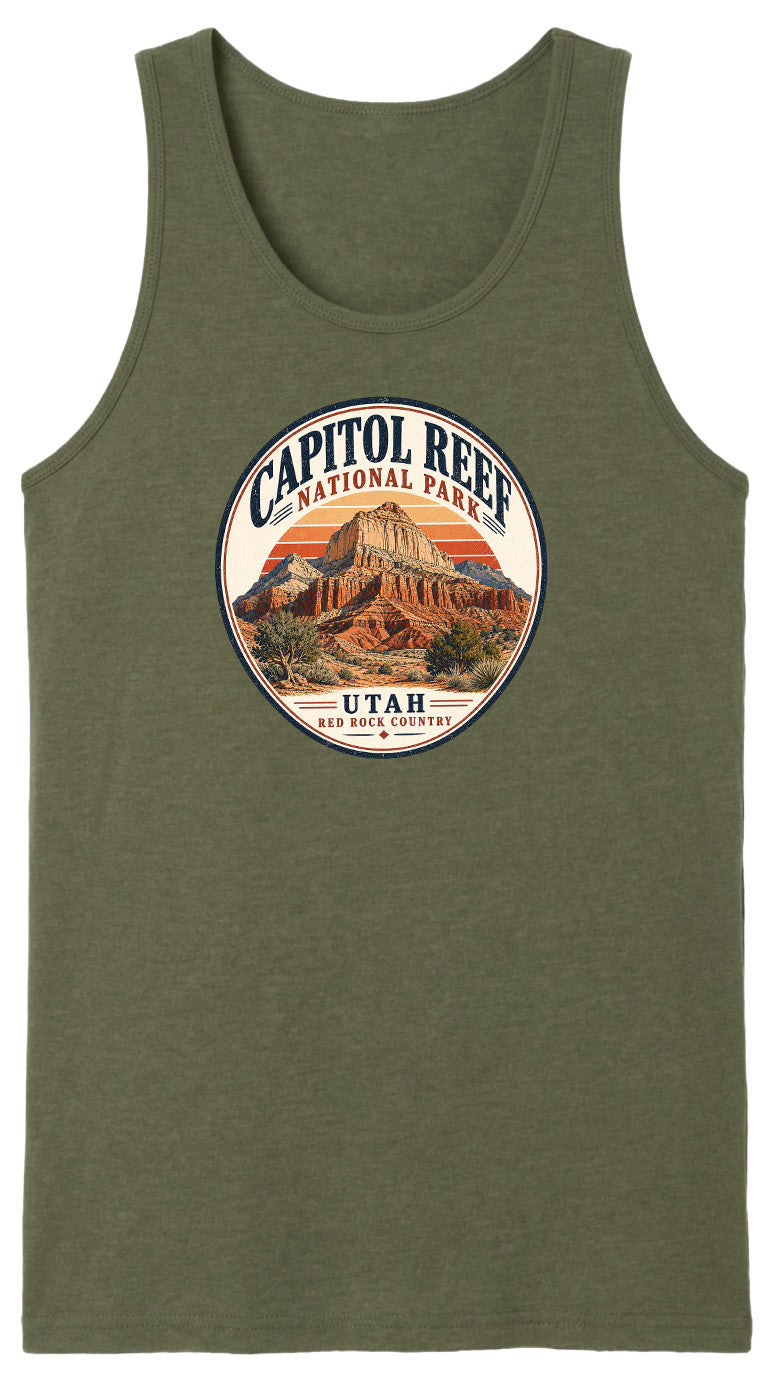 A green tank top with a circular design featuring the Capitol Reef National Park in Utah.