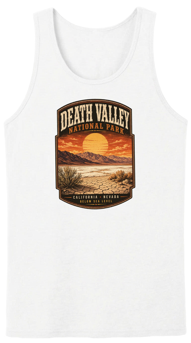 A white tank top with a graphic design depicting Death Valley National Park in California, Nevada.