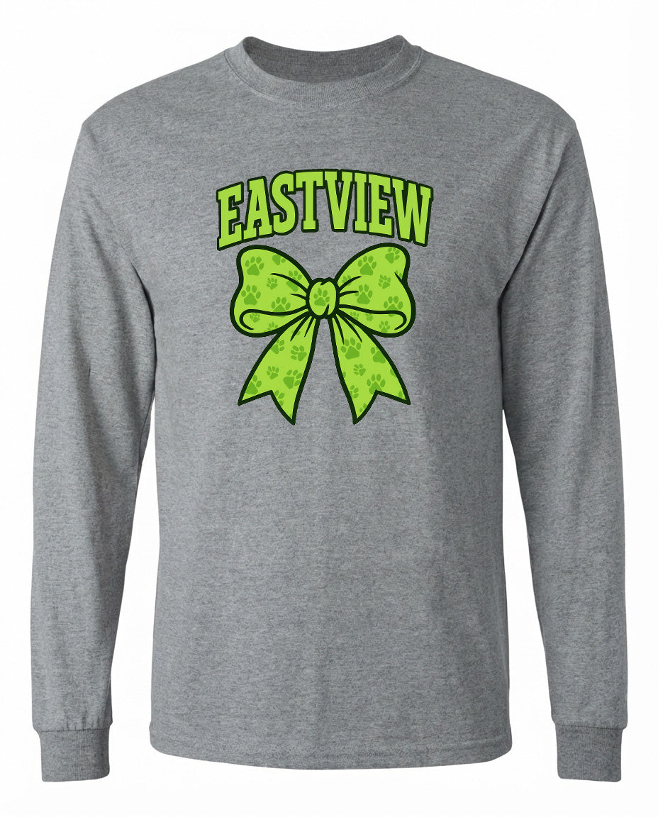 A gray long-sleeved shirt with a green bow and the word "EASTVIEW" printed on it.