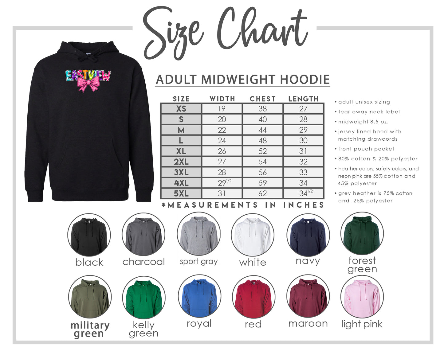 The image is a size chart for an adult midweight hoodie, including various color options and corresponding measurements in inches.