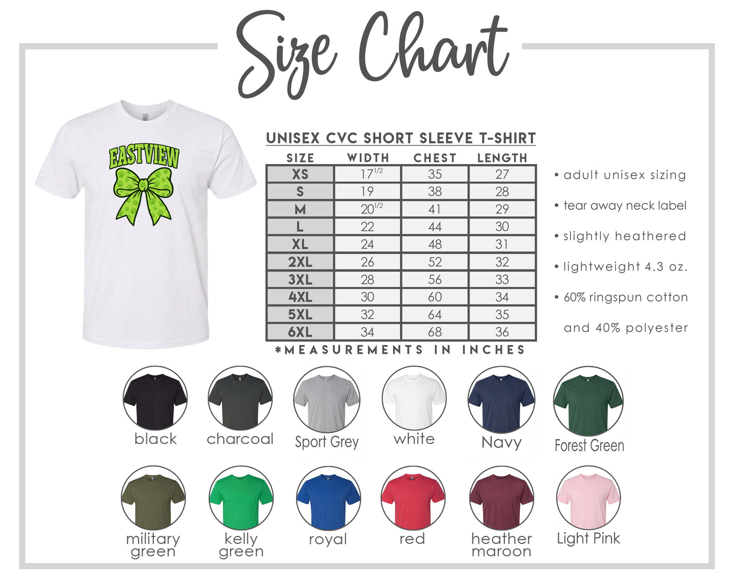 The image is a size chart for a white short sleeve t-shirt, including various color options and corresponding measurements in inches.