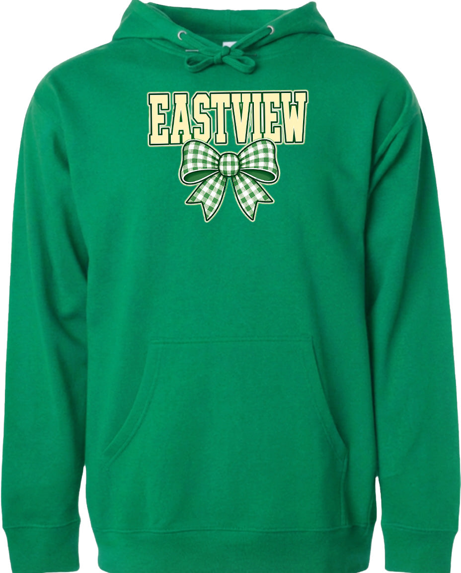 A bright green hoodie with a bow and the word "EASTVIEW" printed on it.