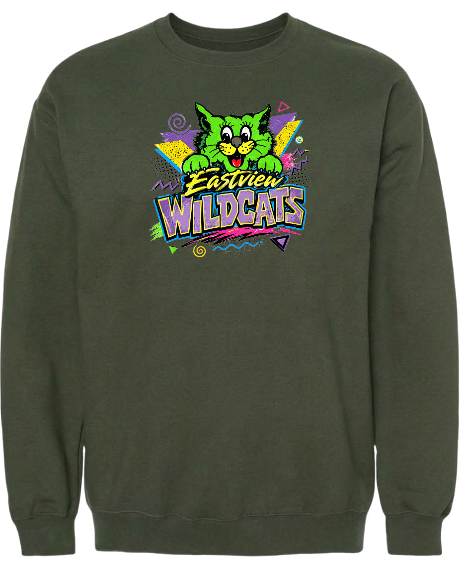 A dark green sweatshirt with a colorful graphic design featuring a cartoon cat and the text "Eastview Wildcats".