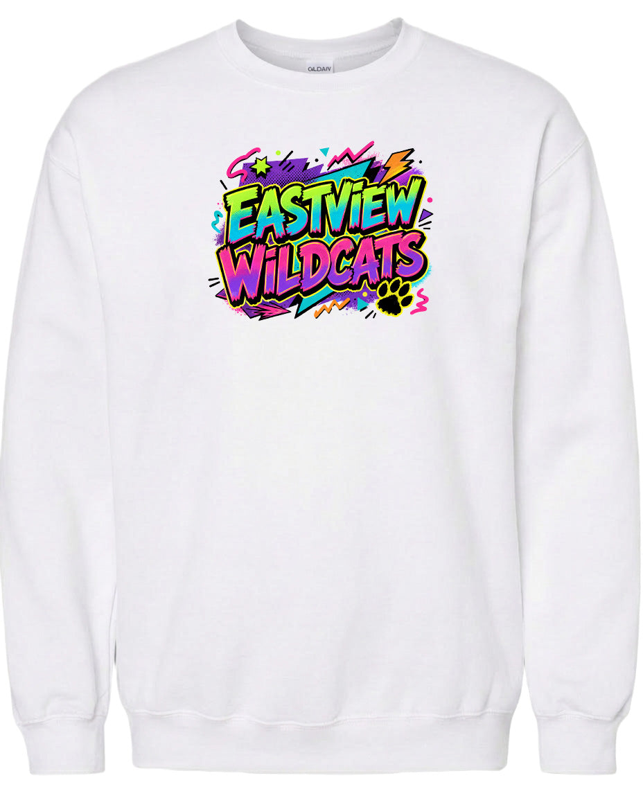 A white sweatshirt with a colorful graphic design featuring the text "EASTVIEW WILDCATS" in a stylized font.