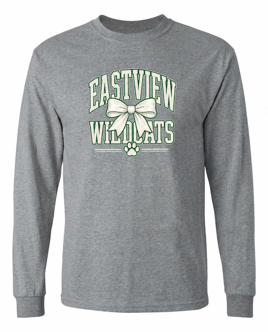 A gray long-sleeved t-shirt with a graphic design featuring the text "EASTVIEW WILDLOTS" and a bow.