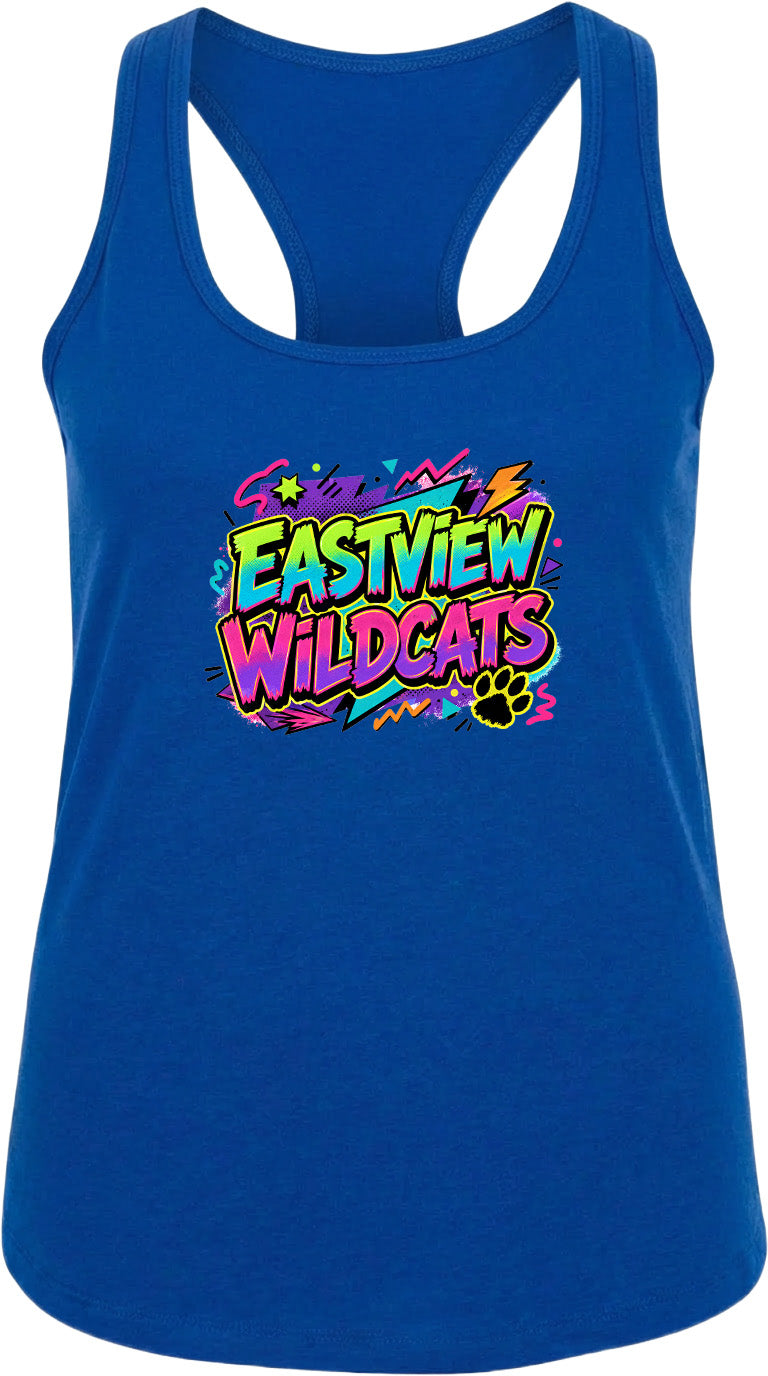 A blue tank top with a colorful graphic design featuring the text "EASTVIEW WILDCATS" and a paw print.